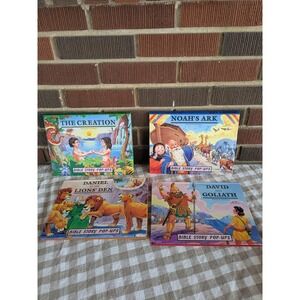 Set of Four Bible Story Pop Up Books Creation Noahs Ark Daniel David Goliath